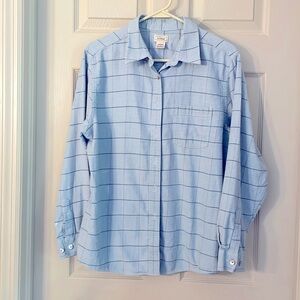 LL BEAN women LS button up plaid light blue shirt  size L 100% cotton